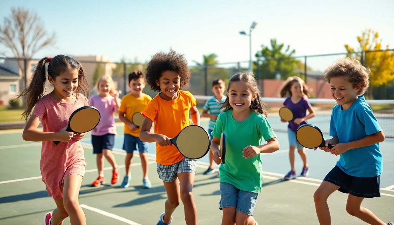 Kids running on a court with paddles. The children are smiling and wearing colorful t-shirts.