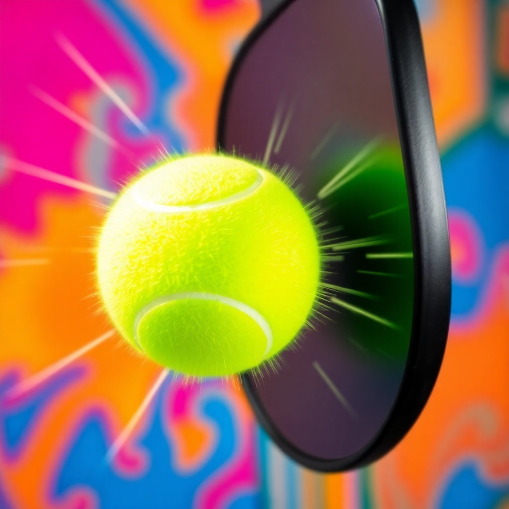 Close-up shot of a tennis ball next to a paddle, with a brightly colored background.